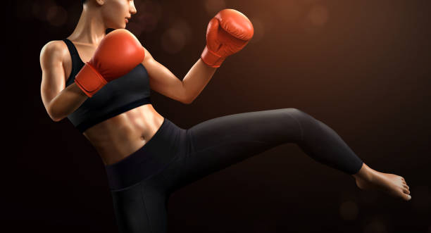 ilustrações de stock, clip art, desenhos animados e ícones de female boxer kicks high - high kick illustrations