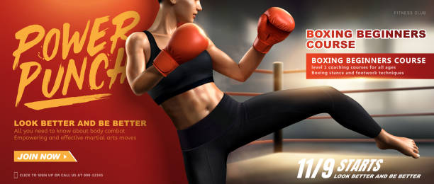 ilustrações de stock, clip art, desenhos animados e ícones de boxing course banner - high kick illustrations