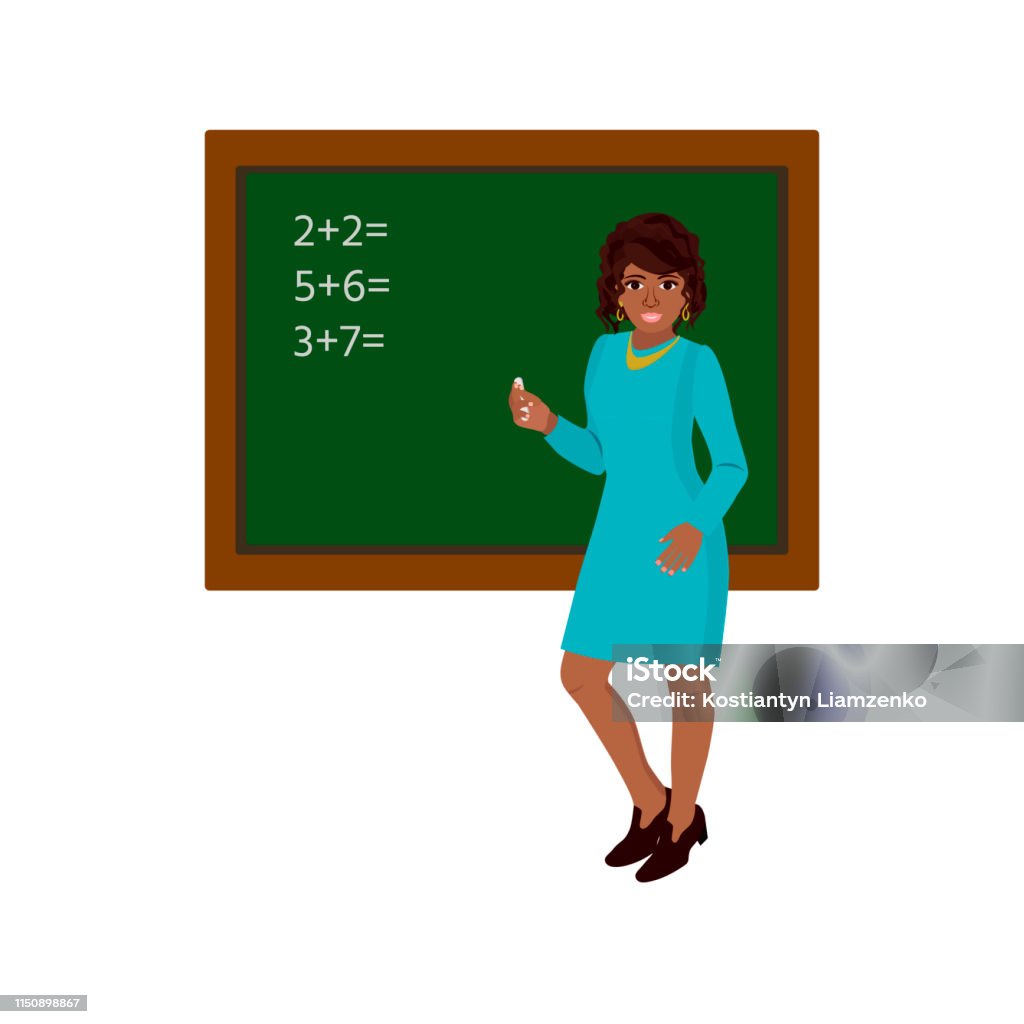 A cute black teacher smiling standing in front of chalkboard with copy space for your text. A cute black teacher smiling standing in front of chalkboard with copy space for your text. Traditional education concept. Adult stock vector