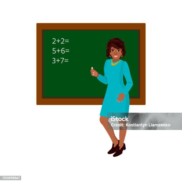A Cute Black Teacher Smiling Standing In Front Of Chalkboard With Copy Space For Your Text Stock Illustration - Download Image Now