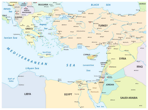 지중해 동부 바다의 국가 지도 - 리비아 일러스트 stock illustrations