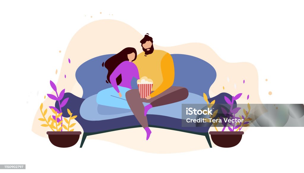 Cartoon Couple Home Rest on Couch Watching Movie Cartoon Couple at Home Resting on Couch Watching Movie and Eating Popcorn Vector Illustration. Domestic Relax Evening. Man and Woman on Cozy Sofa, Family Leisure Tv Television Entertainment Indoors Couple - Relationship stock vector