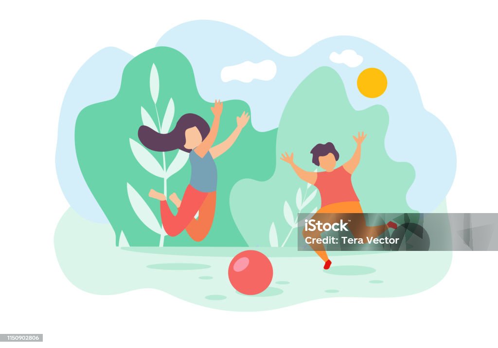 Dibujos animados niños niño niña Jump Play Toy Ball Park - arte vectorial de Niño libre de derechos