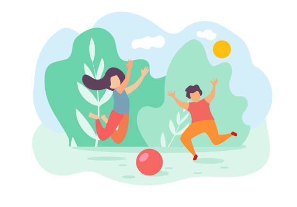 illustrazioni stock, clip art, cartoni animati e icone di tendenza di cartoon children boy girl jump play toy ball park - child exercising little boys toddler