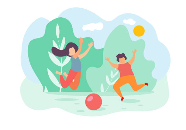 Cartoon Children Boy Girl Jump Play Toy Ball Park Cartoon Children Boy and Girl Jump and Play Toy Ball Outside Vector Illustration. Summer Holidays, Nature Outdoors, Park Grass. Happy Childhood, Daughter Son Family Love, Baby Activity Fun Game family outdoors stock illustrations
