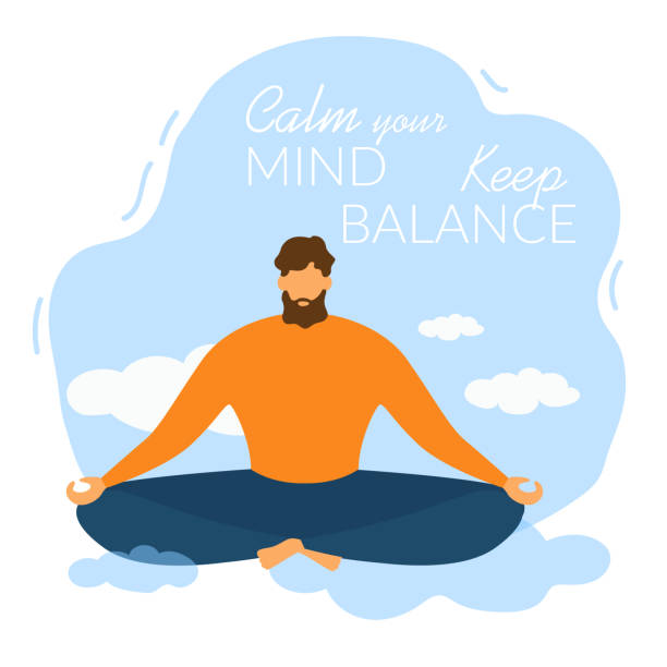 Cartoon Man Meditate Calm your Mind Keep Balance Cartoon Man Character Meditate. Calm your Mind, Keep Balance Vector Illustration. Sky Cloud Peaceful Background. Relax, Relief Stress, Reduce Pressure, Emotional Harmony, Recharge Meditation keep calm and stock illustrations