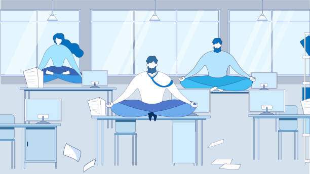мультфильм люди медитируют на рабочем месте столового офиса - women dependency business time stock illustrations