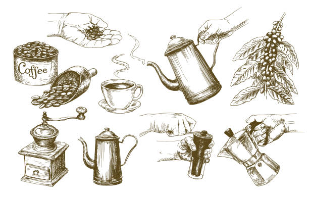 illustrazioni stock, clip art, cartoni animati e icone di tendenza di set da caffè. - espresso