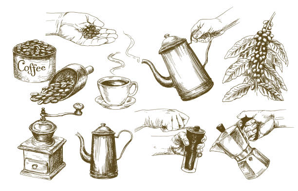 커피 세트입니다. - cup coffee pot coffee coffee cup stock illustrations