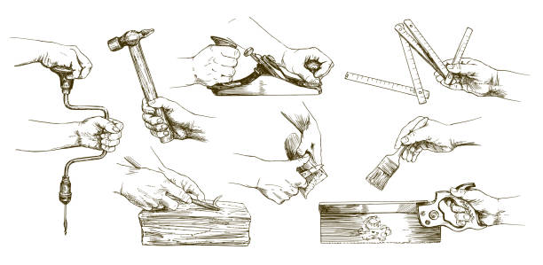 руки плотника, работающие с долото и резьбой инструментов. - work tool illustrations stock illustrations