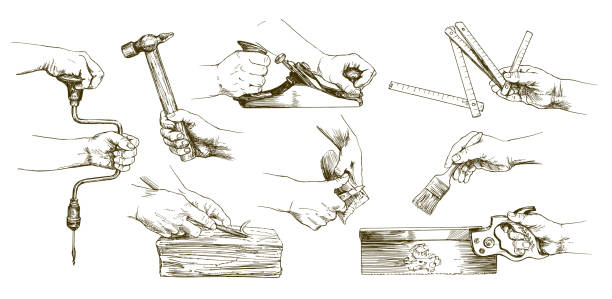 Carpenter hands working with a chisel and carving tools. Carpenter hands working with a chisel and carving tools. Hand drawn set. carpenter stock illustrations