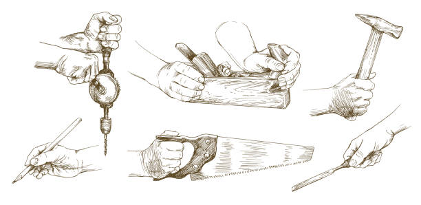 Carpenter hands working with a chisel and carving tools. Carpenter hands working with a chisel and carving tools. Hand drawn set. carpenter stock illustrations