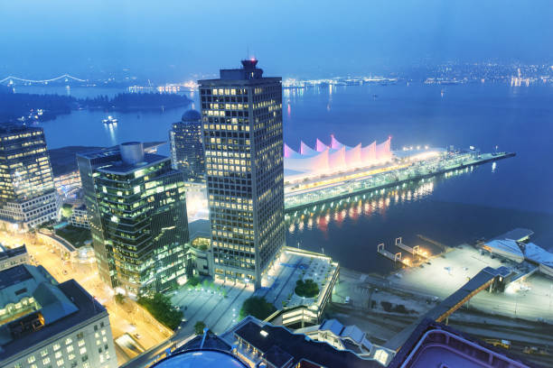 istock Vancouver skyline with Canada Place at night, aerial view 1150907896