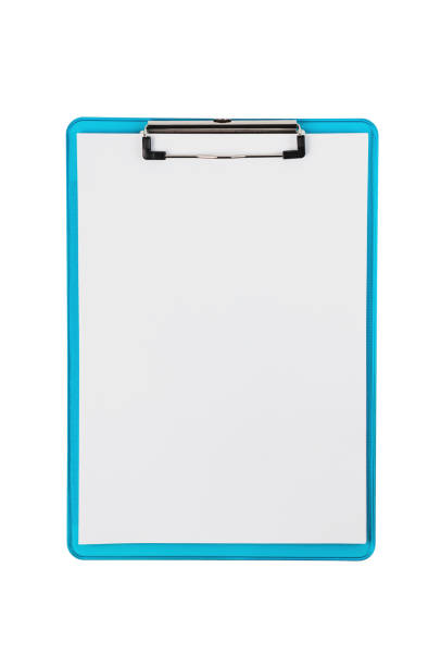 istock One plastic blue color clipboard with glossy metal binder with blank paper sheets isolated on white background. Top view. Copy space 1150908882
