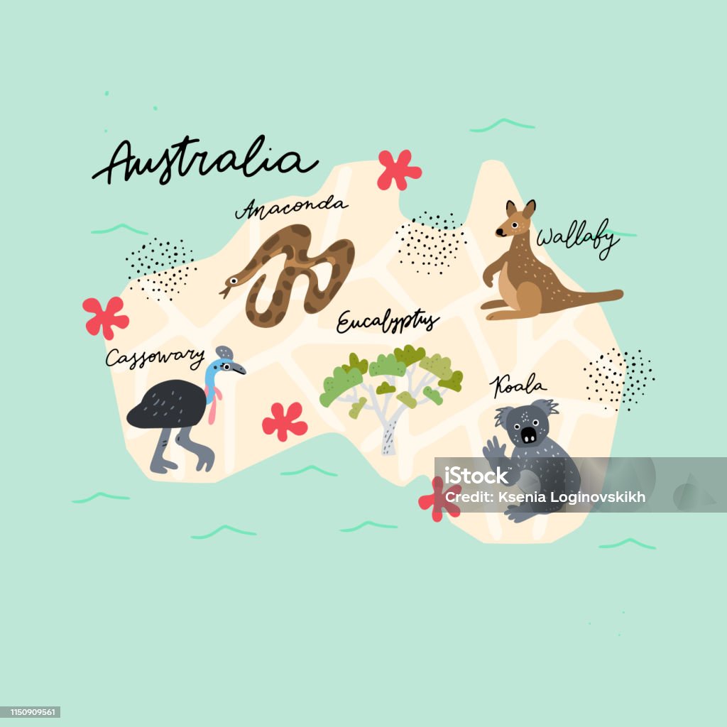 Hand Drawn Vector Map Drawn Map of Australia with colorful landmarks illustration design. Kids design poster. Geography drawing in scandinavian 
style. Koala stock vector