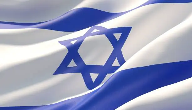 Photo of Waved highly detailed close-up flag of Israel. 3D illustration.
