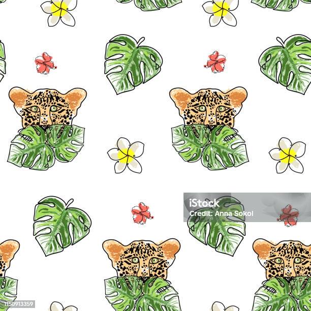 Wild Tropical Hand Drawn Leopard Character Hiding In The Green Jungle Rainforest Cartoon Hand Drawn Doodle Style Wild Life Background Stock Illustration - Download Image Now