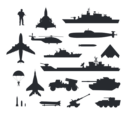 Military armament and troops silhouettes. Army aircraft, artillery, navy warships, submarine, helicopter, rockets, apc, soldier and paratrooper vector illustrations isolated on white background