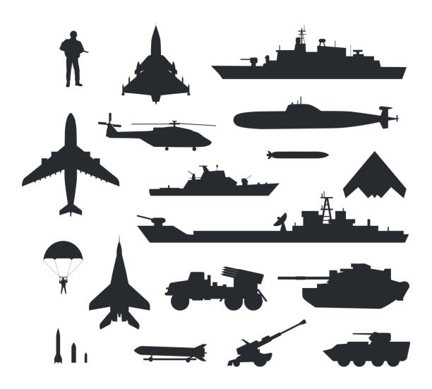 Set of Military Armament Vector Silhouettes Military armament and troops silhouettes. Army aircraft, artillery, navy warships, submarine, helicopter, rockets, apc, soldier and paratrooper vector illustrations isolated on white background weapon stock illustrations