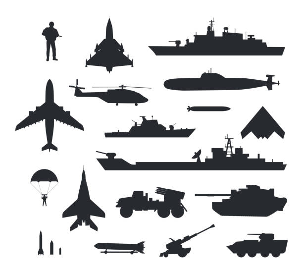 Set of Military Armament Vector Silhouettes Military armament and troops silhouettes. Army aircraft, artillery, navy warships, submarine, helicopter, rockets, apc, soldier and paratrooper vector illustrations isolated on white background ship stock illustrations