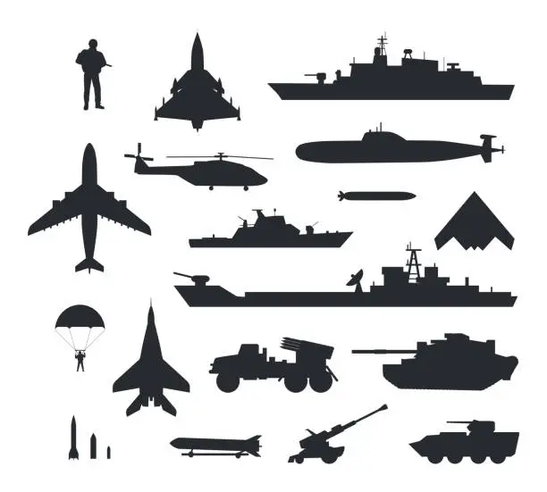 Vector illustration of Set of Military Armament Vector Silhouettes