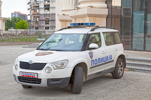 Skopje, North Macedonia - May 20 2019: Police car parked outside of the Public Prosecutions and Financial Police.