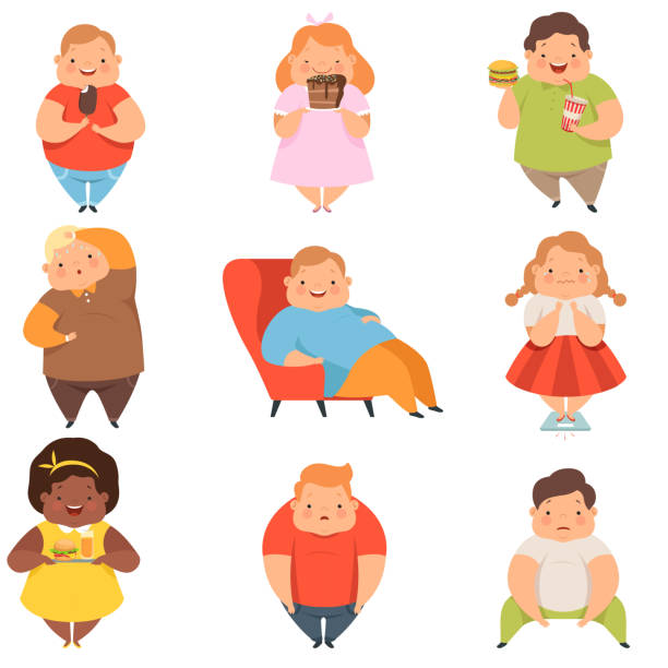 Overweight boys and girls set, cute chubby children cartoon characters eating fast food vector Illustration on a white background Overweight boys and girls set, cute chubby children cartoon characters eating fast food vector Illustration isolated on a white background. overweight child stock illustrations