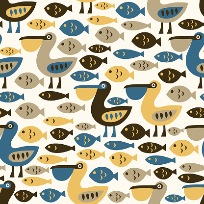 Pelican and fish seamless pattern. Surface decoration for kid design.Vector illustration. Cloth background, wallpaper, wrapping.