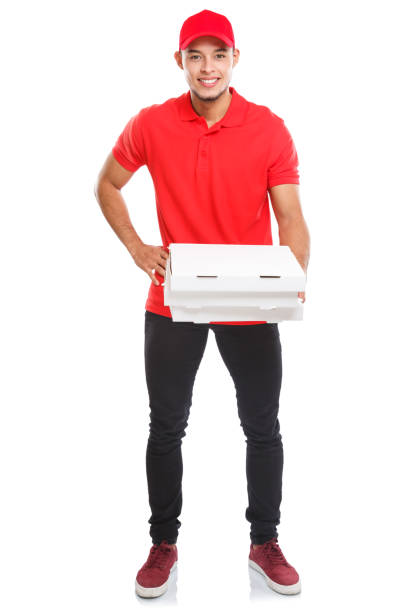 pizza dostawa latin man boy order dostarczanie pracy pełny portret ciała dostarczyć pudełko młodych odizolowanych na białym - job orders zdjęcia i obrazy z banku zdjęć