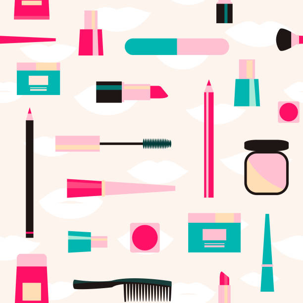 Fashion pattern with color cosmetic objects on light background. - ilustração de arte vetorial