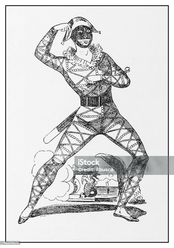 Antique illustration: Mr H Lewis as Harlequin Harlequin stock illustration