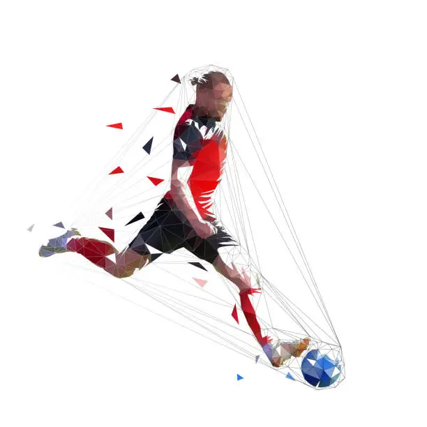 Vector illustration of Soccer player kickin ball, isolated low polygonal geometric vector illustration. Team sport athlete