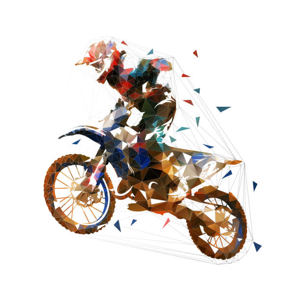 illustrazioni stock, clip art, cartoni animati e icone di tendenza di gara di motocross, pilota in moto, isolata illustrazione vettoriale low poly - motocross