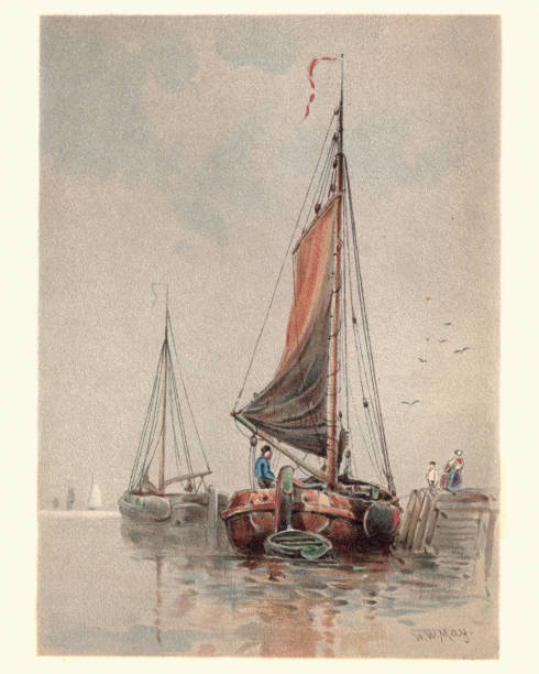 традиционные голландские рыбацкие лодки на маасе, викторианский, 19 век - illustration and painting retro revival sailboat antique stock illustrations