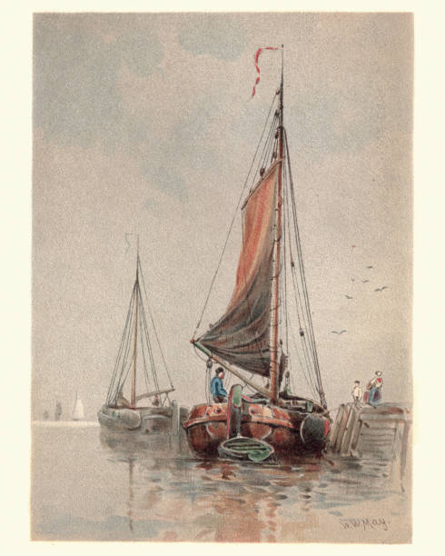 Vintage painting of Traditional Dutch fishing boats on the Maas (Meuse), Victorian, 19th Century, by Walter William May