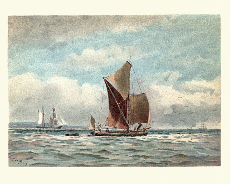 Vintage painting of Traditional boats on the Thames estuary, 19th Century, by Walter William May