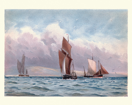 Vintage painting of Boulogne Luggers off the French Coast, 19th Century, by Walter William May. A lugger is a class of boat, widely used as traditional fishing boats, particularly off the coasts of France, England and Scotland. It is a small sailing vessel with lug sails set on two or more masts and perhaps lug topsails.