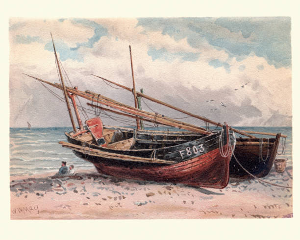 Vintage painting of French fishing boats, Etretat, 19th Century, by Walter William May