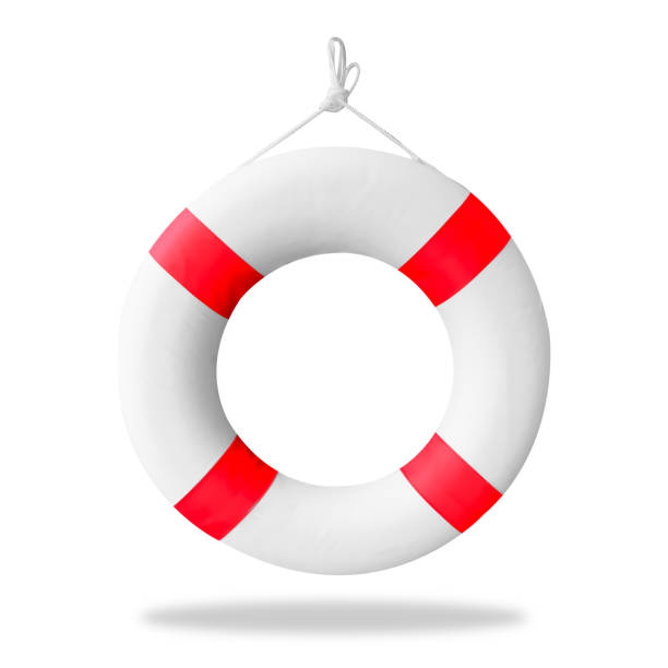 life buoy isolated on white background with clipping path. top view of blue and white lifebuoy or life preserver with rope for safety equipment. life belt or life ring floating for safety at sea. - life jacket isolated red safety imagens e fotografias de stock