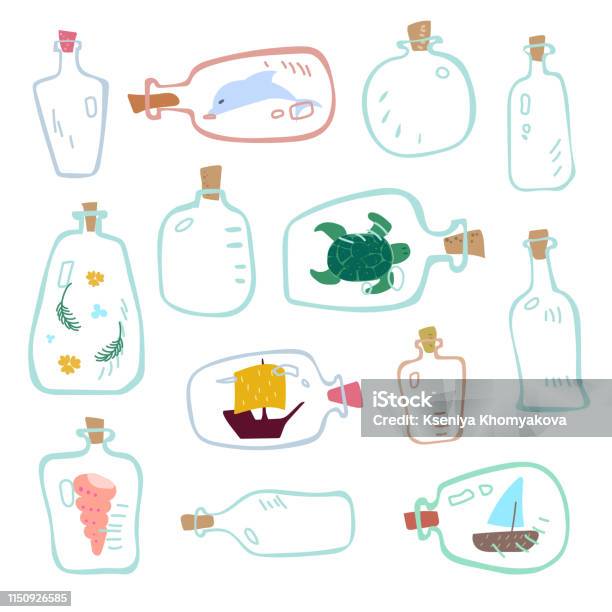 Collection Of Empty Bottles With Sea Elements Marine Theme Great For Childrens Design Stock Illustration - Download Image Now