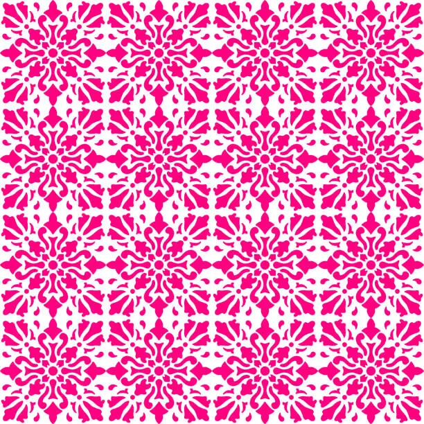 Vector illustration of Vector tile pattern, Lisbon Arabic Floral Mosaic, Mediterranean Seamless Pink Ornament