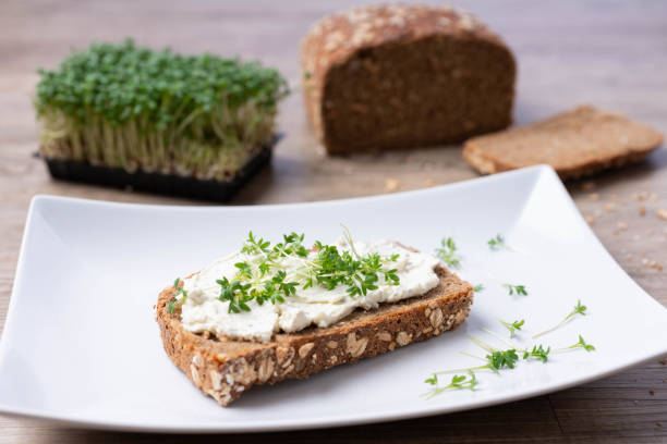 Wholemeal bread with cottage cheese stock photo