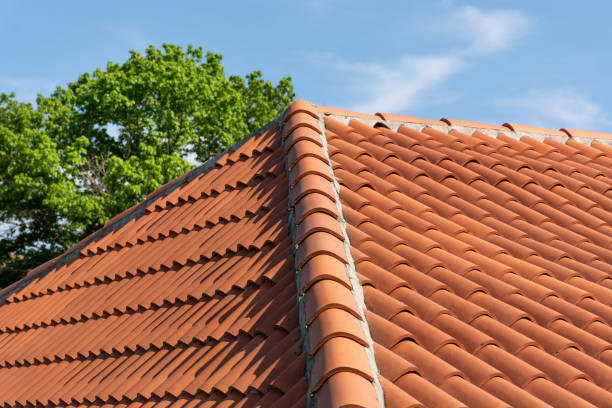 istock Orange roof tile pattern over blue and cloudy spring sky day and green tree in the background 1150928986