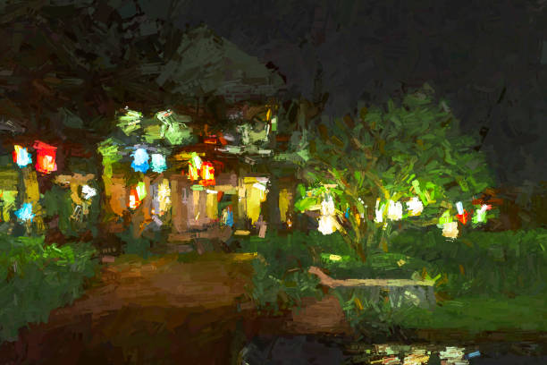 Pakarang Beach, Thailand. Ornamental gardens at night in the grounds of the Apsara Beach Villa Resort on Pakarang Beach. Heavily post processed to give a painterly effect.