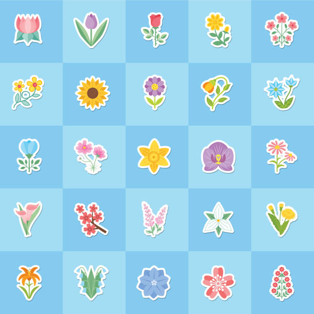 플랫 디자인의 귀여운 꽃 아이콘-해바라기 - spring vertical cherry blossom color image stock illustrations