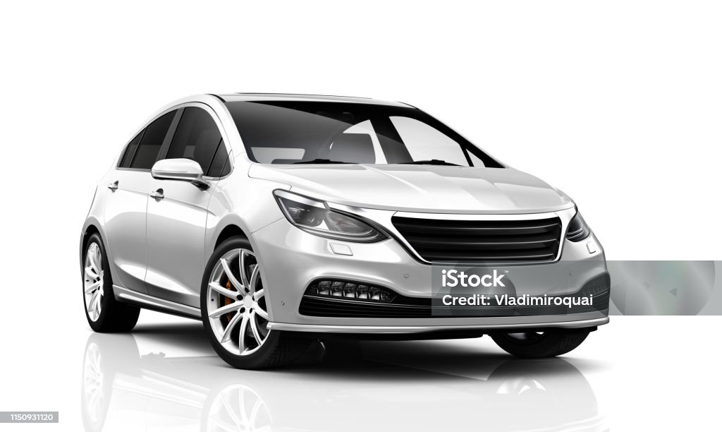 3D illustration of Generic compact white car - Front Side View Car Stock Photo