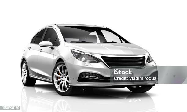 3d Illustration Of Generic Compact White Car Front Side View Stock Photo - Download Image Now