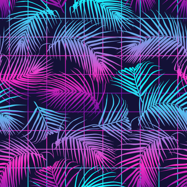 bezszwowy wzór z liśćmi palmowymi. tropikalny design. futurystyczna cyfrowa tapeta wektorowa. vaporwave, estetyka cyberpunkowa. - backgrounds tropical climate repetition pattern stock illustrations