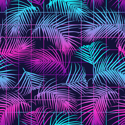 Seamless pattern with palm leaves. Tropical vibes design. Futuristic digital vector wallpaper. Vaporwave, cyberpunk aesthetics.