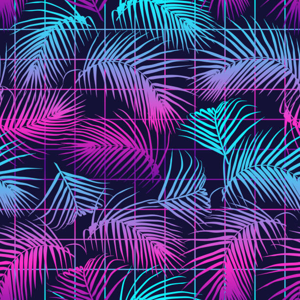 Seamless pattern with palm leaves. Tropical vibes design. Futuristic digital vector wallpaper. Vaporwave, cyberpunk aesthetics. Seamless pattern with palm leaves. Tropical vibes design. Futuristic digital vector wallpaper. Vaporwave, cyberpunk aesthetics. aura stock illustrations